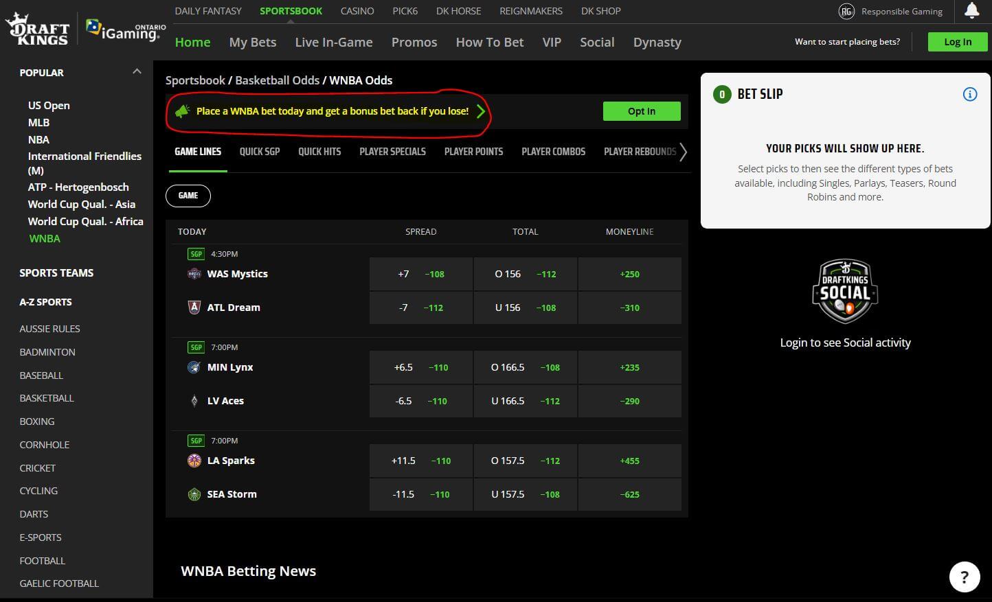 WNBA no sweat bet promo at DraftKings Sportsbook